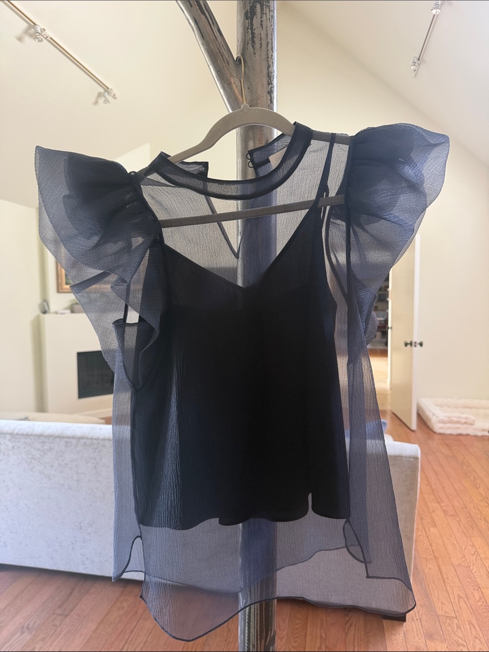 Jonathan Simkhai Black Sheer Flutter-Sleeve Blouse